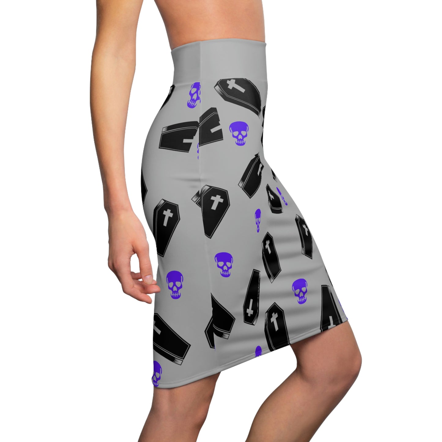 Coffin and Purple Skulls Pencil Skirt