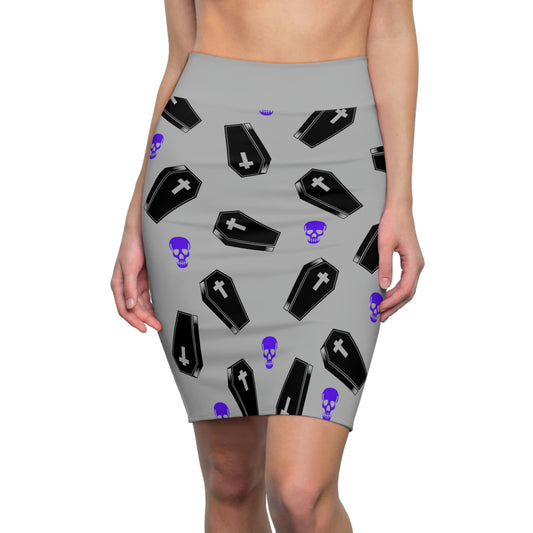 Coffin and Purple Skulls Pencil Skirt